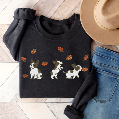 Piebald Frenchie Chasing Leaves Sweatshirt Dark Heather