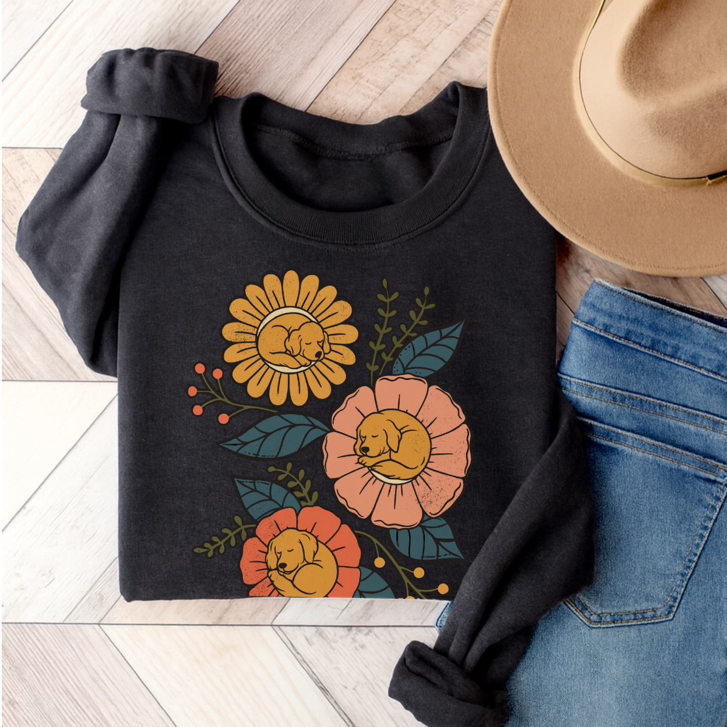 Golden Retriever Sleeping Flowers Sweatshirt Dark Heather