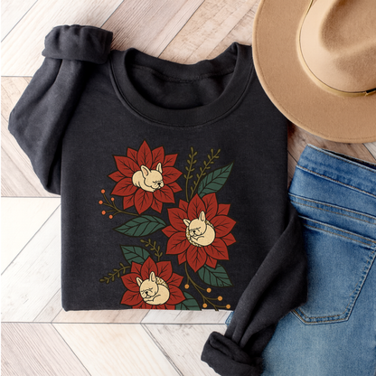 White Frenchie Christmas Flower Sweatshirt Dark Heather