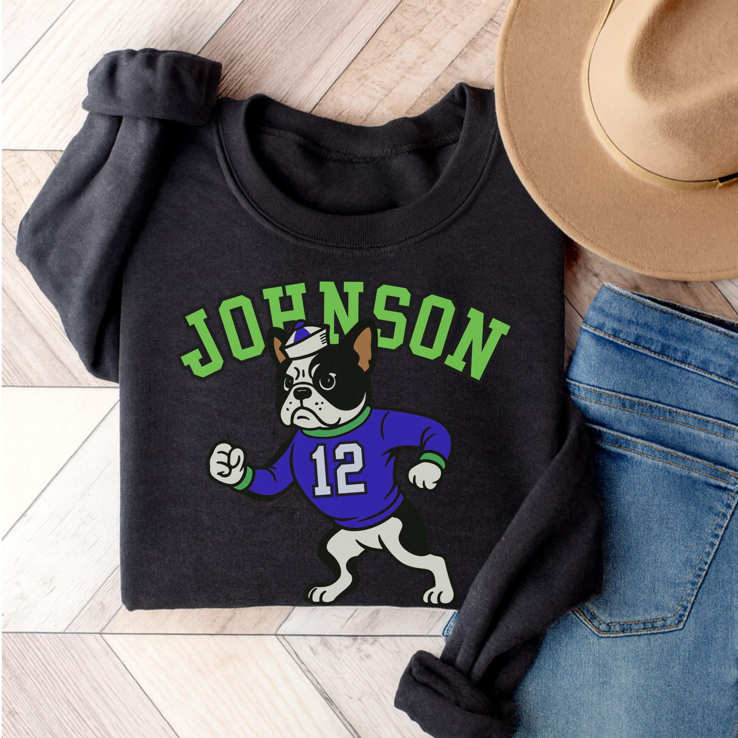 Piebald Frenchie College Mascot Sweatshirt Dark Heather