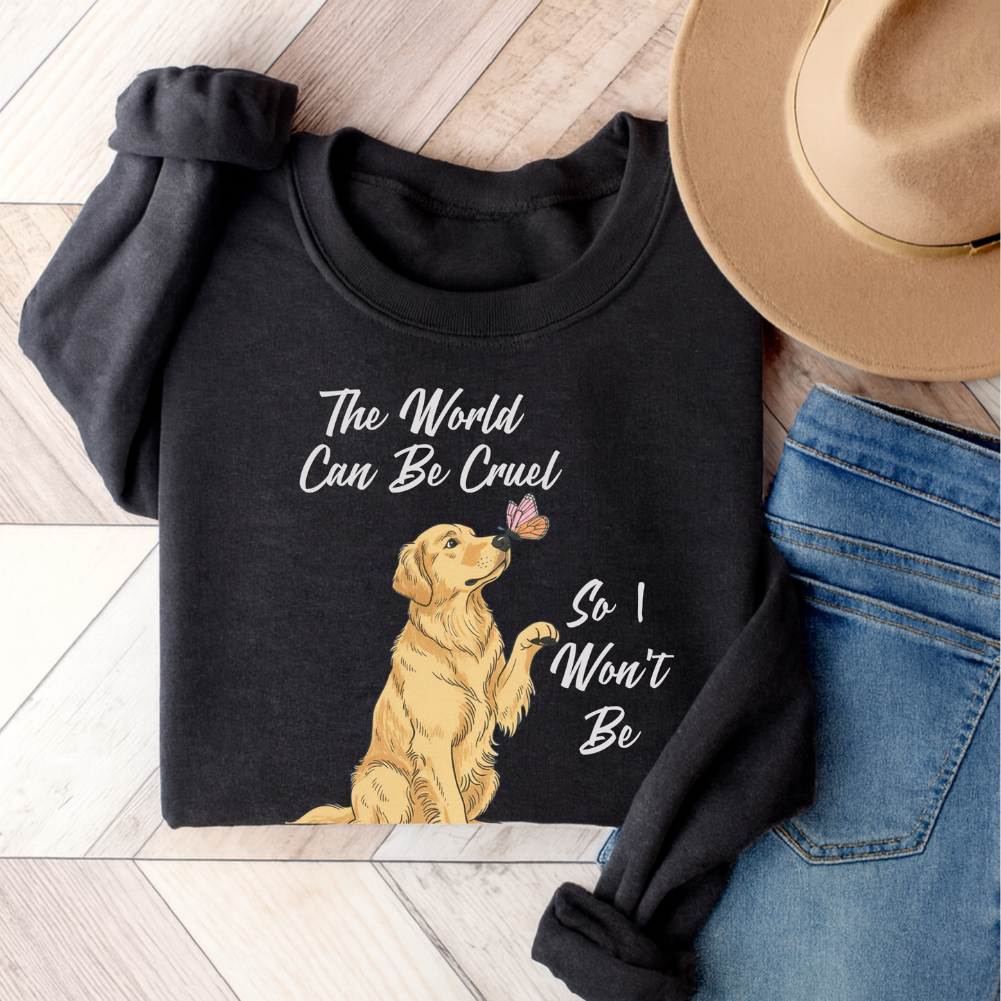 Cruel World Golden Retriever Sweatshirt Dark Heather