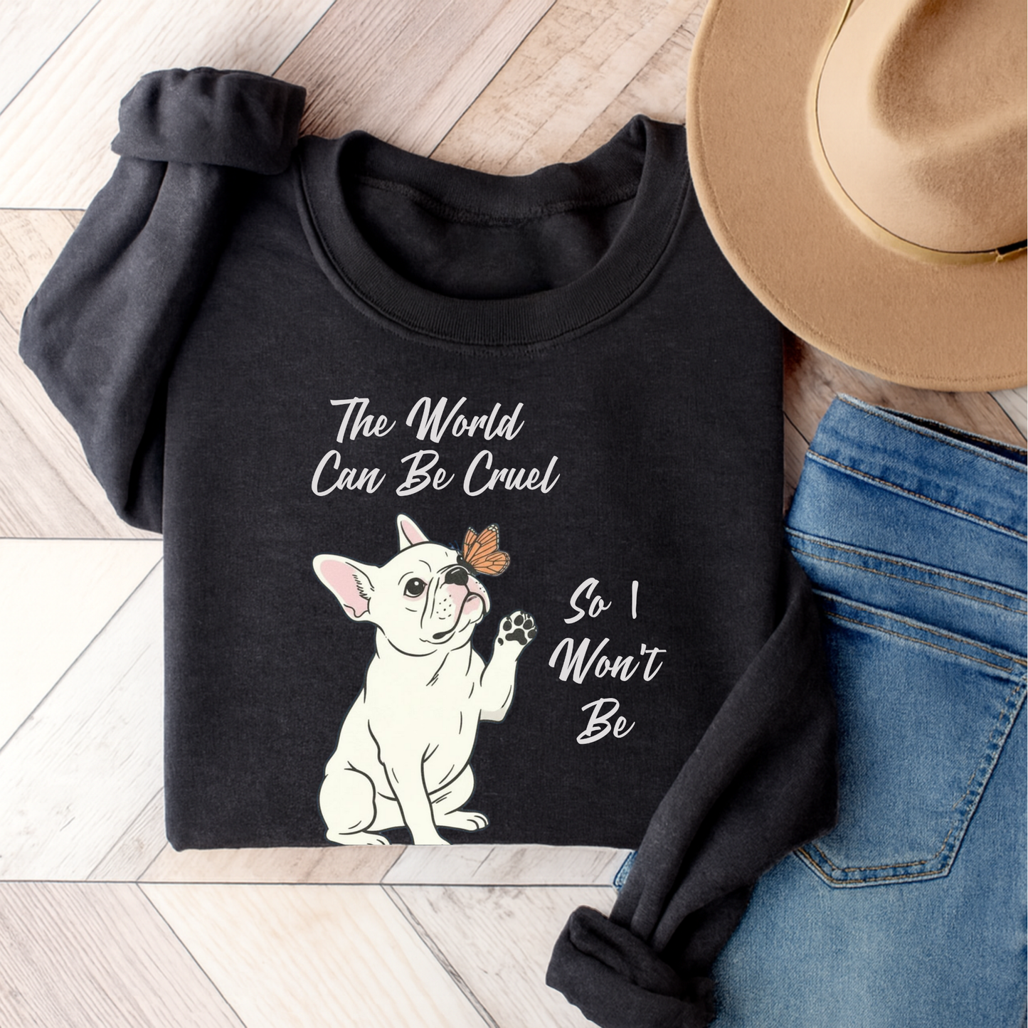 Cruel World White Frenchie Sweatshirt Dark Heather