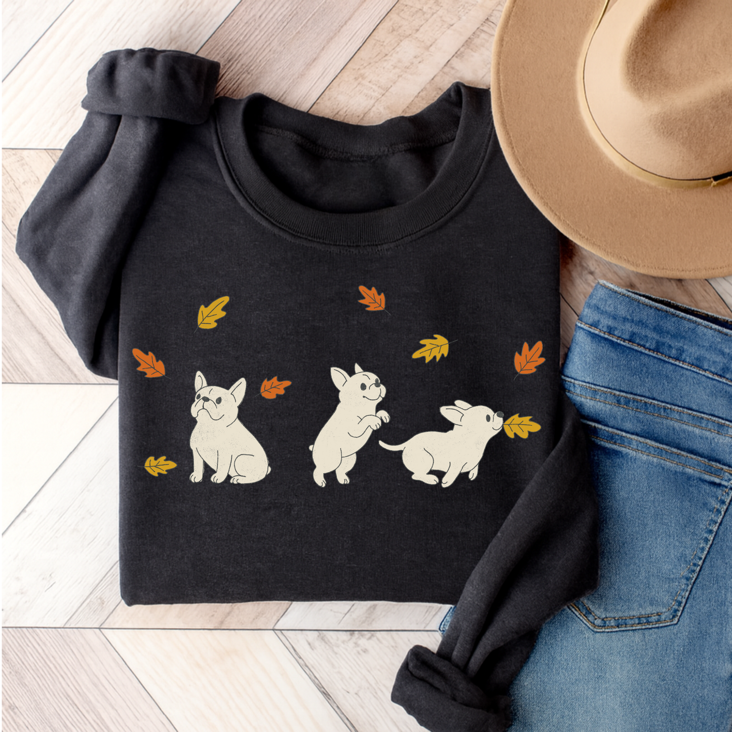 White Frenchie Chasing Leaves Sweatshirt Dark Heather