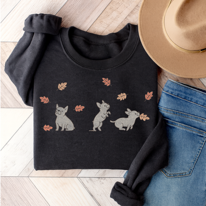 Black French Bulldog Chasing Leaves Sweatshirt Dark Heather