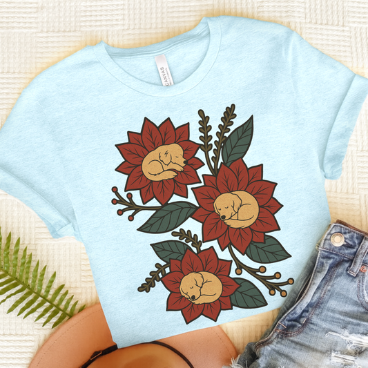 Golden Retriever Holiday Flowers Sleeping TShirt Heather Ice Blue