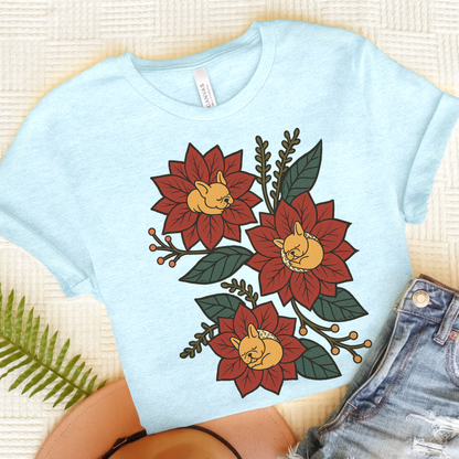 Fawn Frenchie Holiday Flowers Sleeping TShirt Heather Ice Blue
