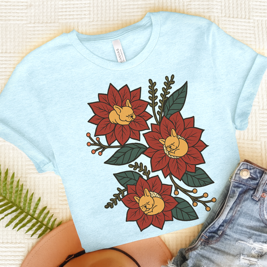 Fawn Frenchie Holiday Flowers Sleeping TShirt Heather Ice Blue