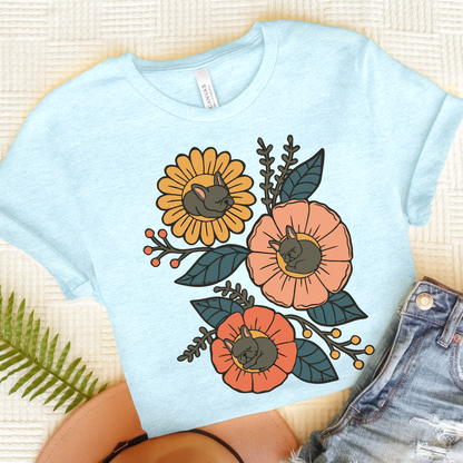 Black Frenchie Sleeping Flowers TShirt Heather Ice Blue