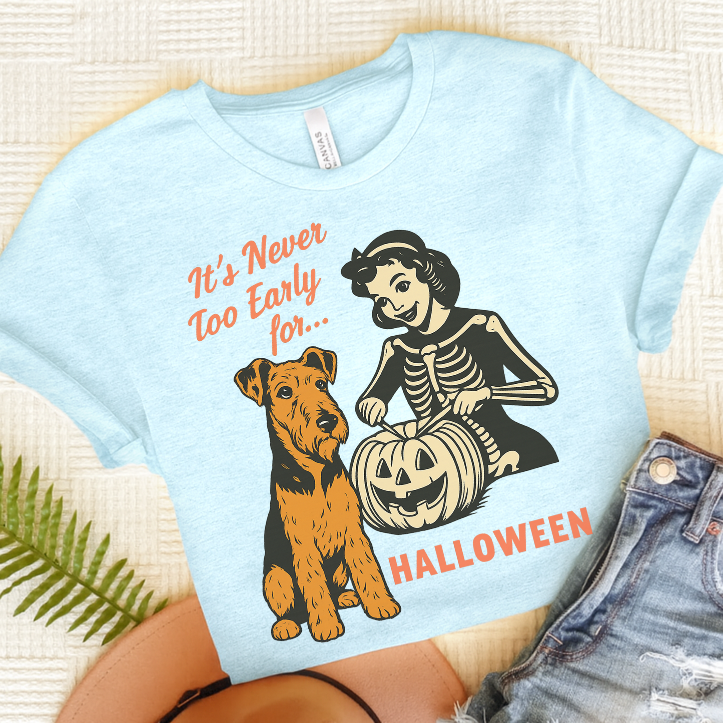 Airedale Terrier Early Halloween TShirt Heather Ice Blue