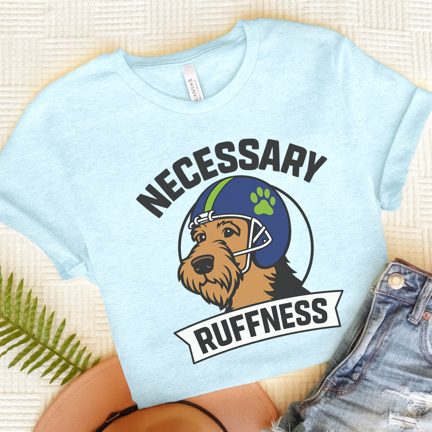 Airedale Terrier Football Tshirt Heather Ice Blue