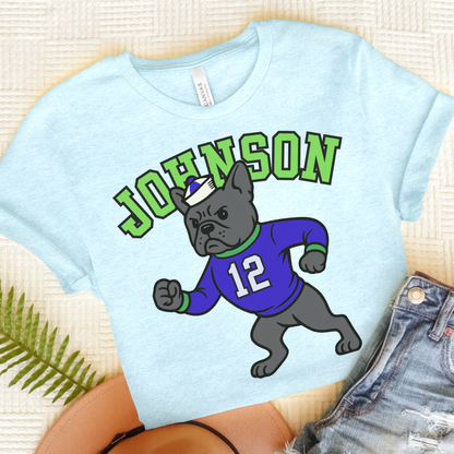 Black Frenchie College Mascot TShirt Heather Ice Blue