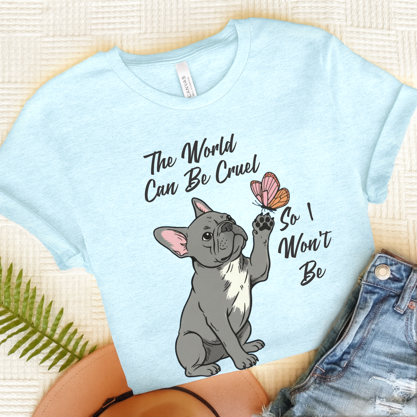 Cruel World Black Frenchie Tshirt Heather Ice Blue