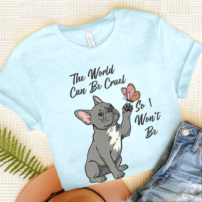 Cruel World Black Frenchie Tshirt Heather Ice Blue