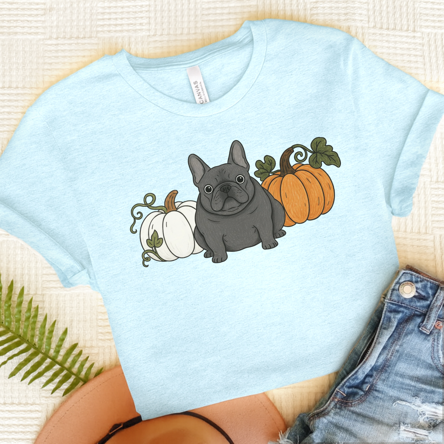 Black Frenchie Pupkin Unisex Tshirt Heather Ice Blue