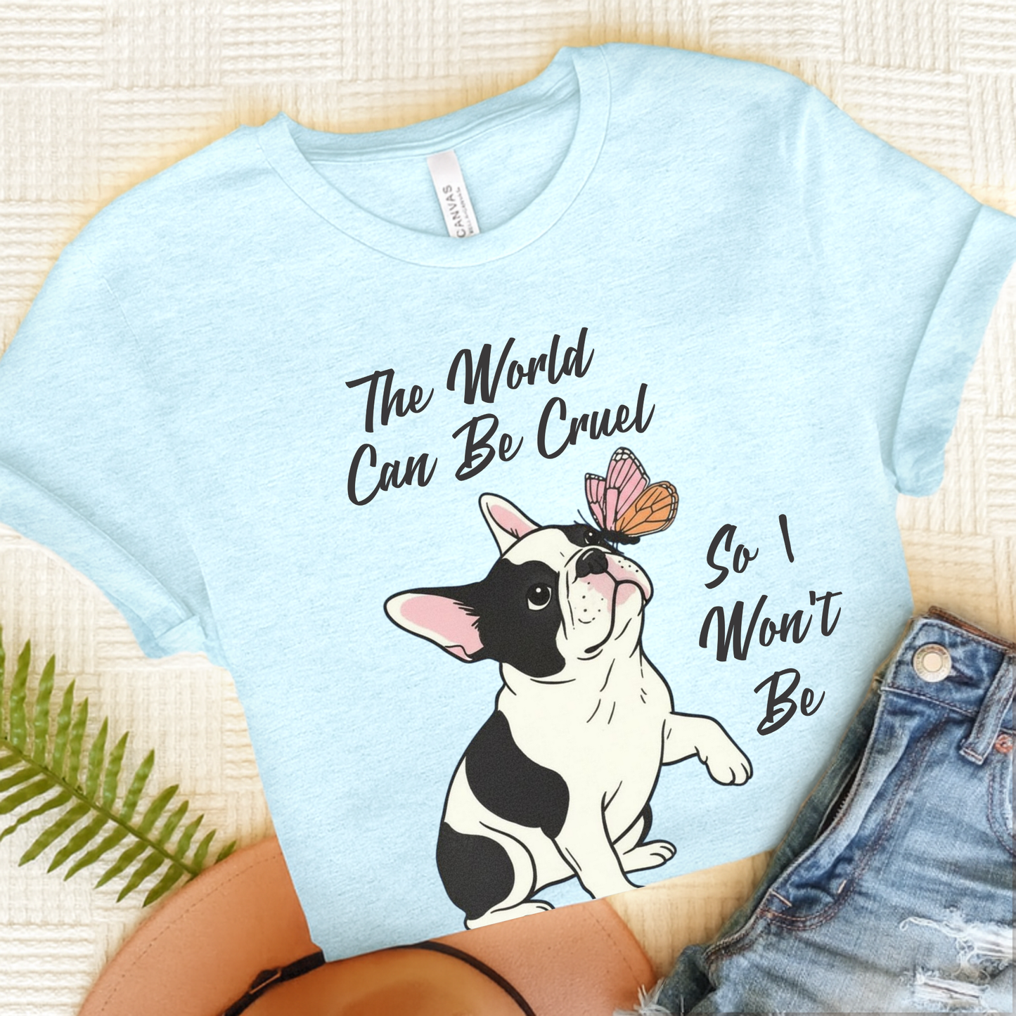 Cruel World Piebald Frenchie Tshirt Heather Ice Blue