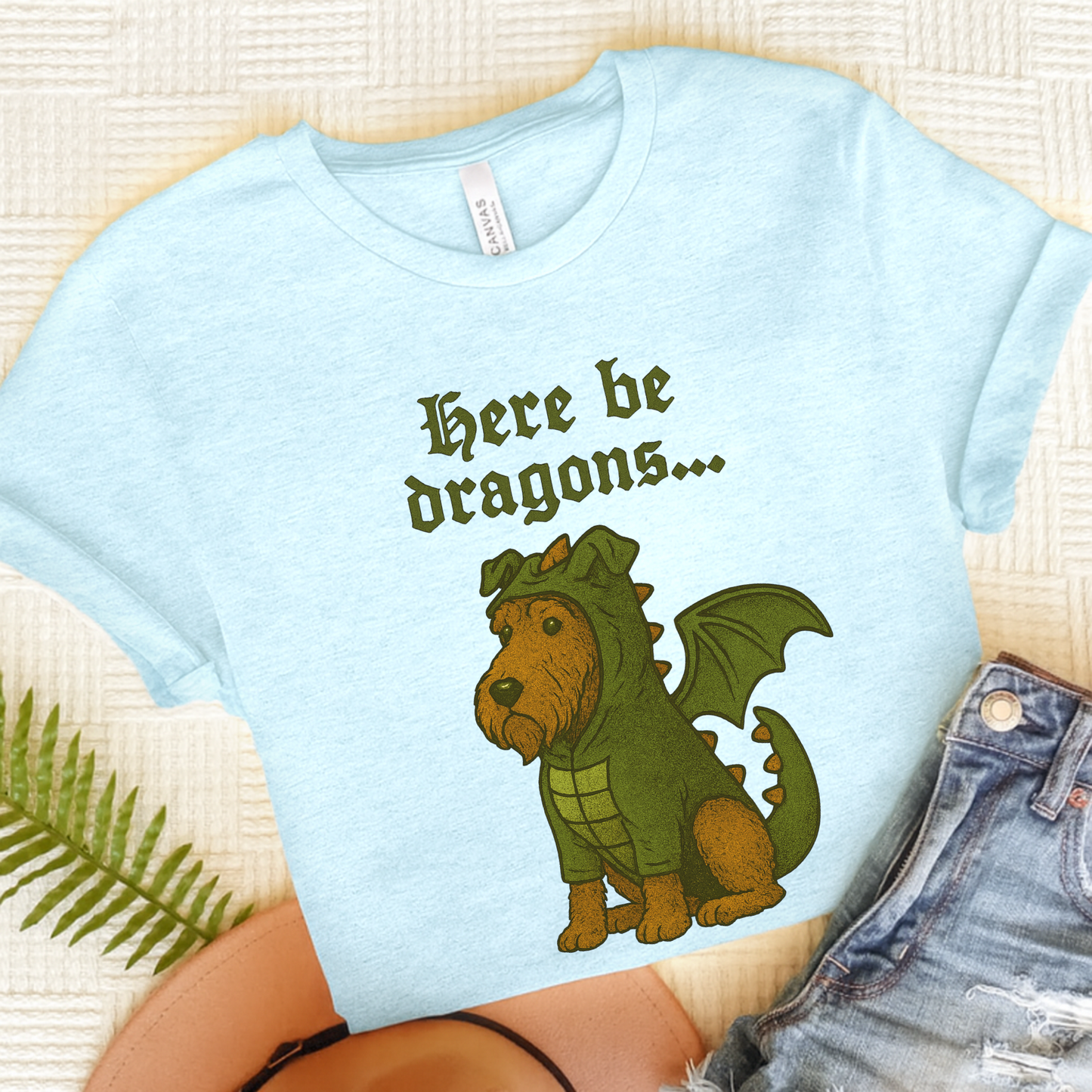 Airedale Terrier Here Be Dragons TShirt Heather Ice Blue