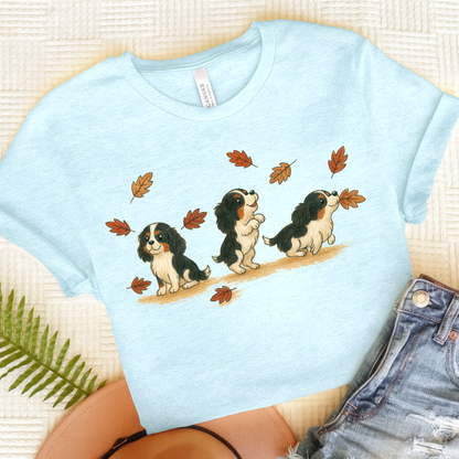Tricolor Cavalier Chasing Leaves TShirt Heather Ice Blue