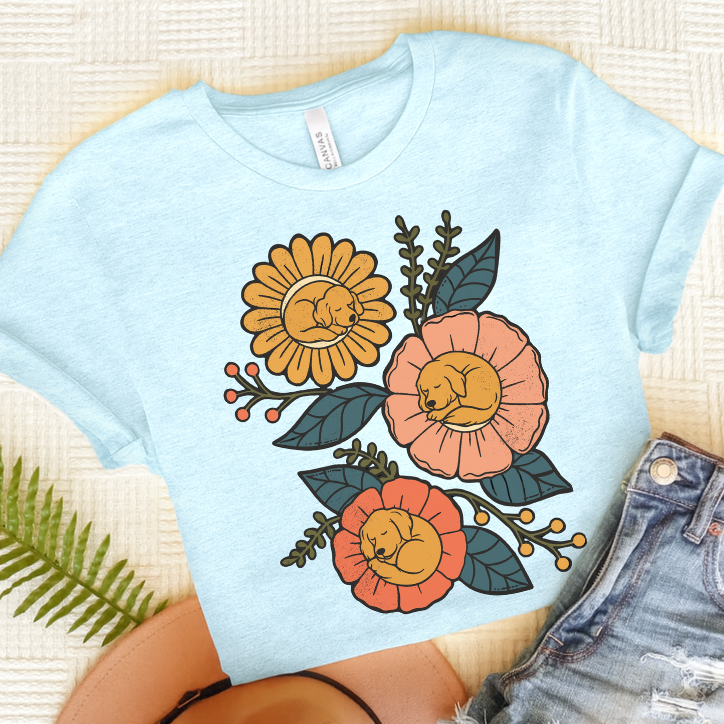 Golden Retriever Sleeping Flowers TShirt Heather Ice Blue