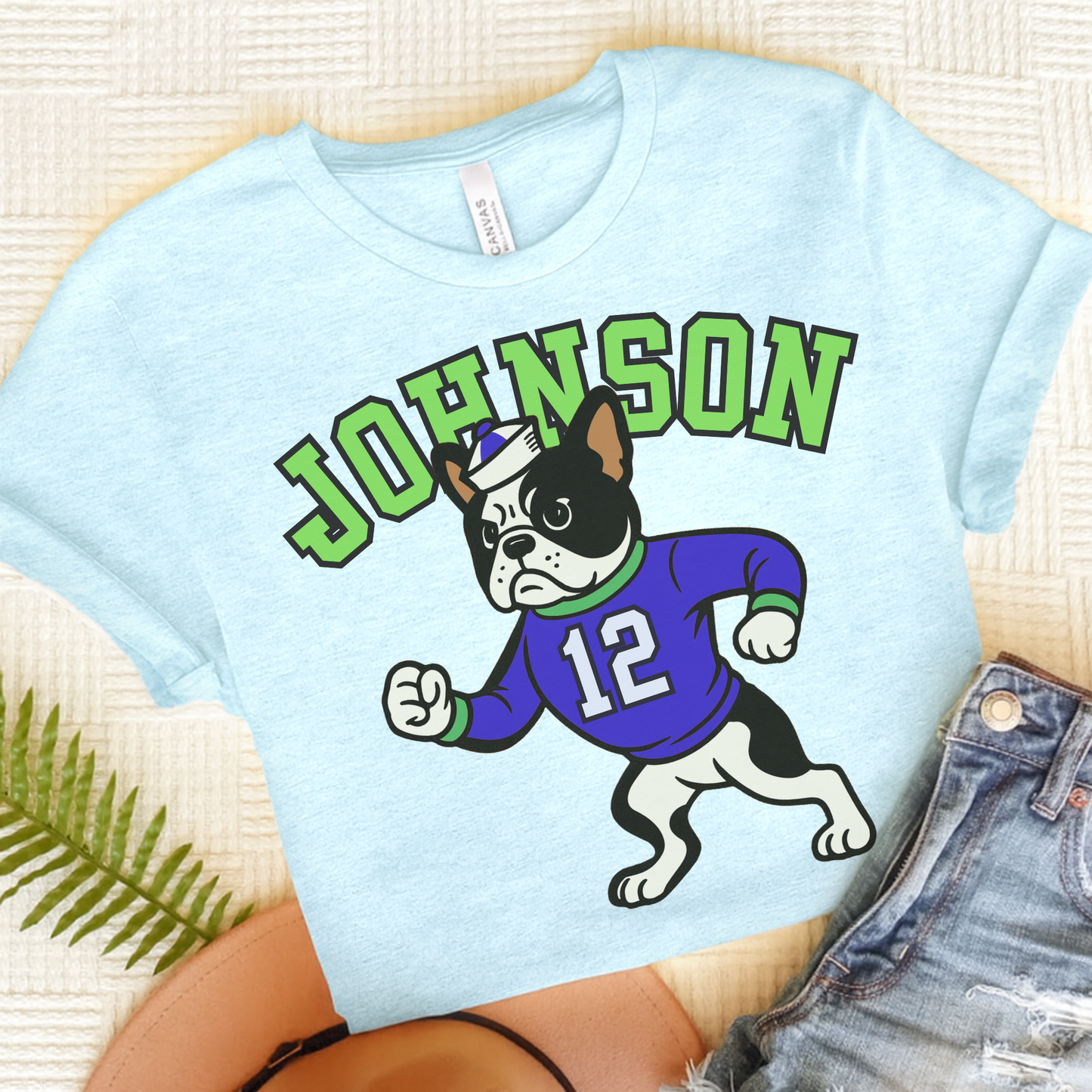 Piebald Frenchie College Mascot TShirt Heather Ice Blue