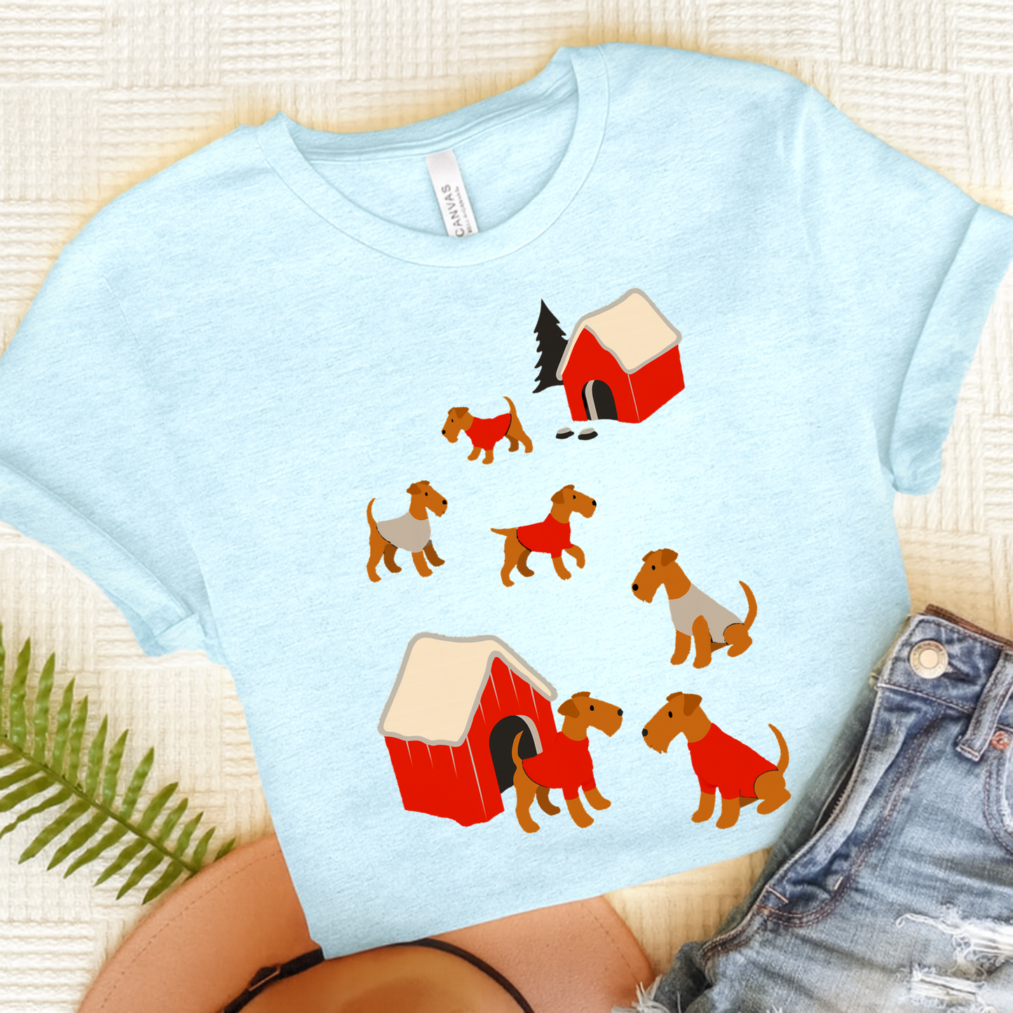 Airedale Terrier Snow Play TShirt Heather Ice Blue