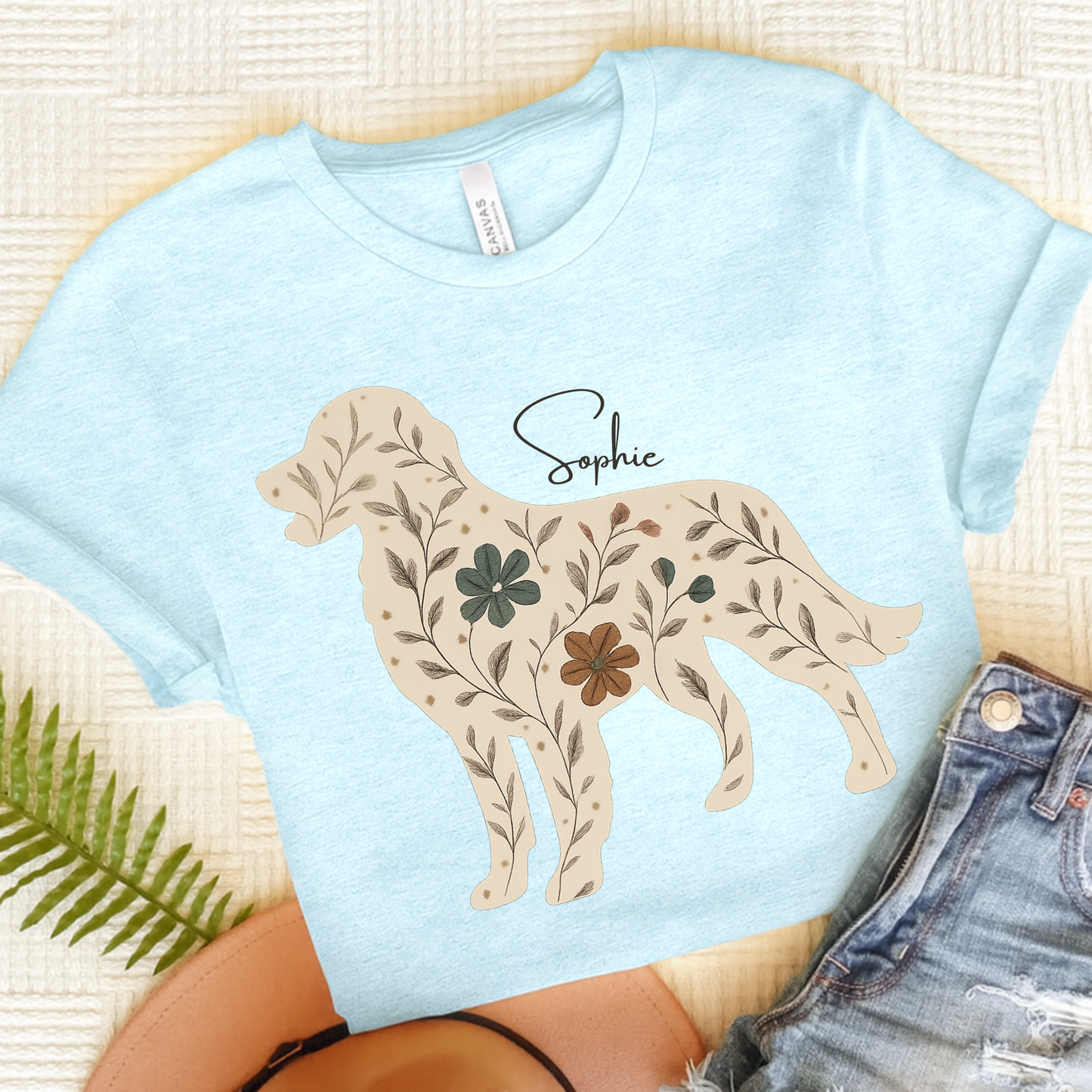 Golden Retriever Floral Silhouette TShirt Heather Ice Blue