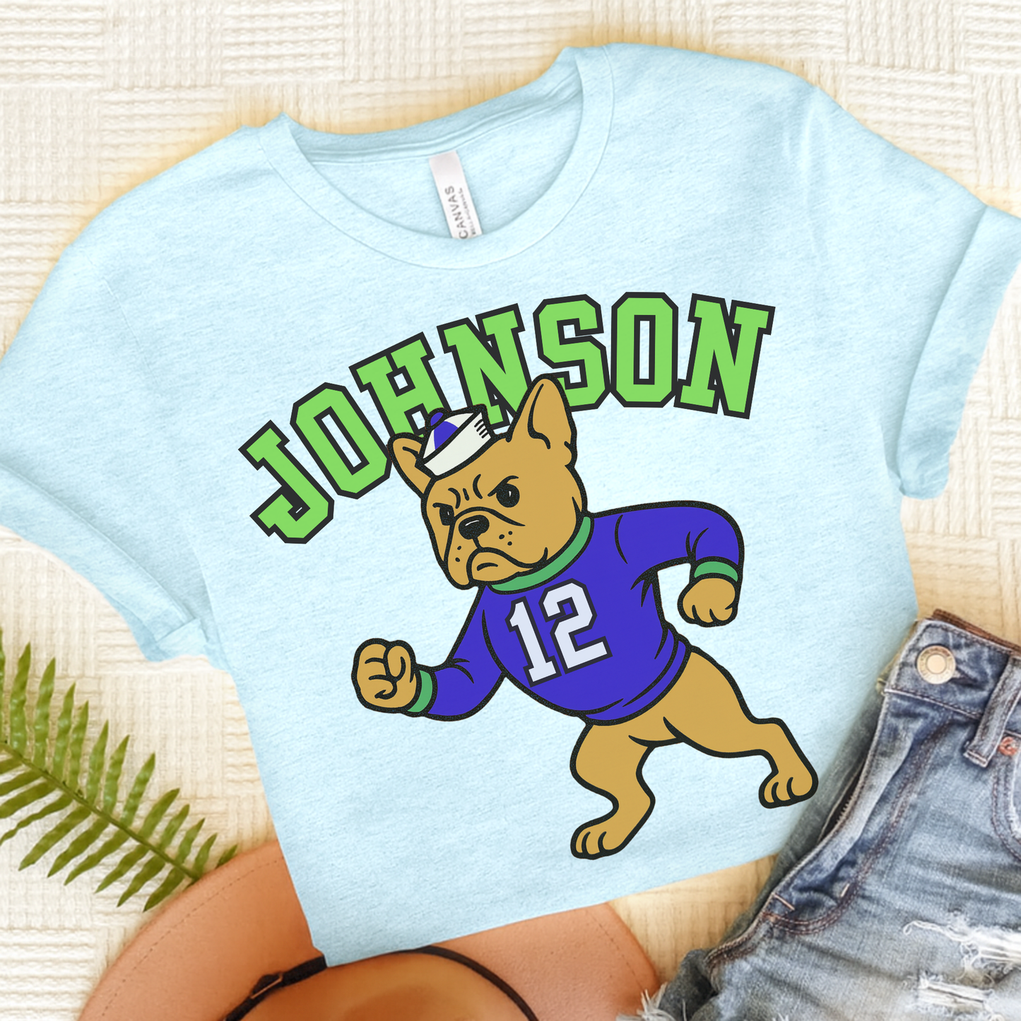 Fawn Frenchie College Mascot TShirt Heather Ice Blue