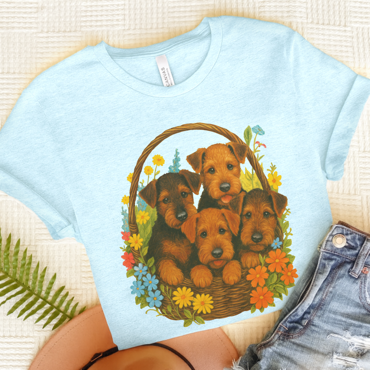 Airedale Terrier Puppy Basket TShirt Heather Ice Blue