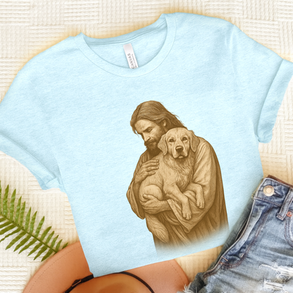Golden Retriever Jesus TShirt Heather Ice Blue