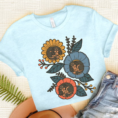 Black Tan Cavalier Sleeping Flowers TShirt Heather Ice Blue