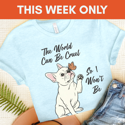 Cruel World White Frenchie Tshirt Heather Ice Blue