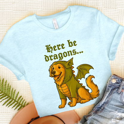 Golden Retriever Here Be Dragons TShirt Heather Ice Blue