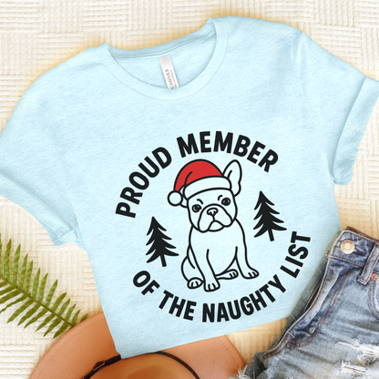 French Bulldog Naughty List TShirt Heather Ice Blue