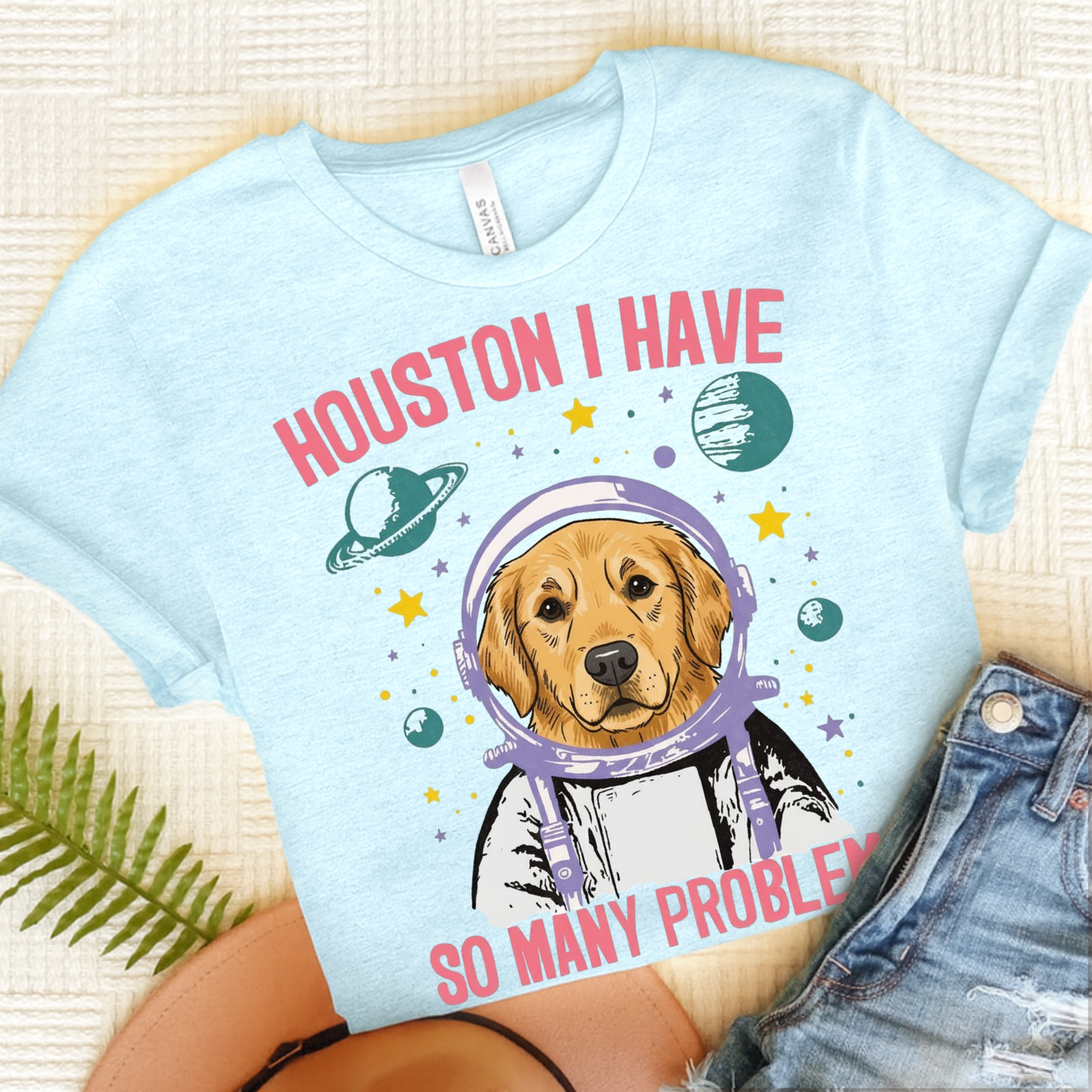 Golden Retriever Houston Space TShirt Heather Ice Blue