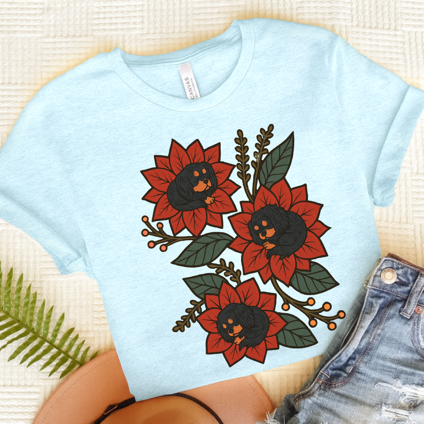 Black Tan Cavalier Holiday Flowers Sleeping TShirt Heather Ice Blue