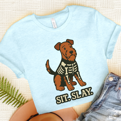 Airedale Terrier Sit Slay Tshirt Heather Ice Blue