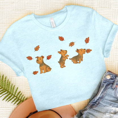 Airedale Terrier Chasing Leaves TShirt Heather Ice Blue