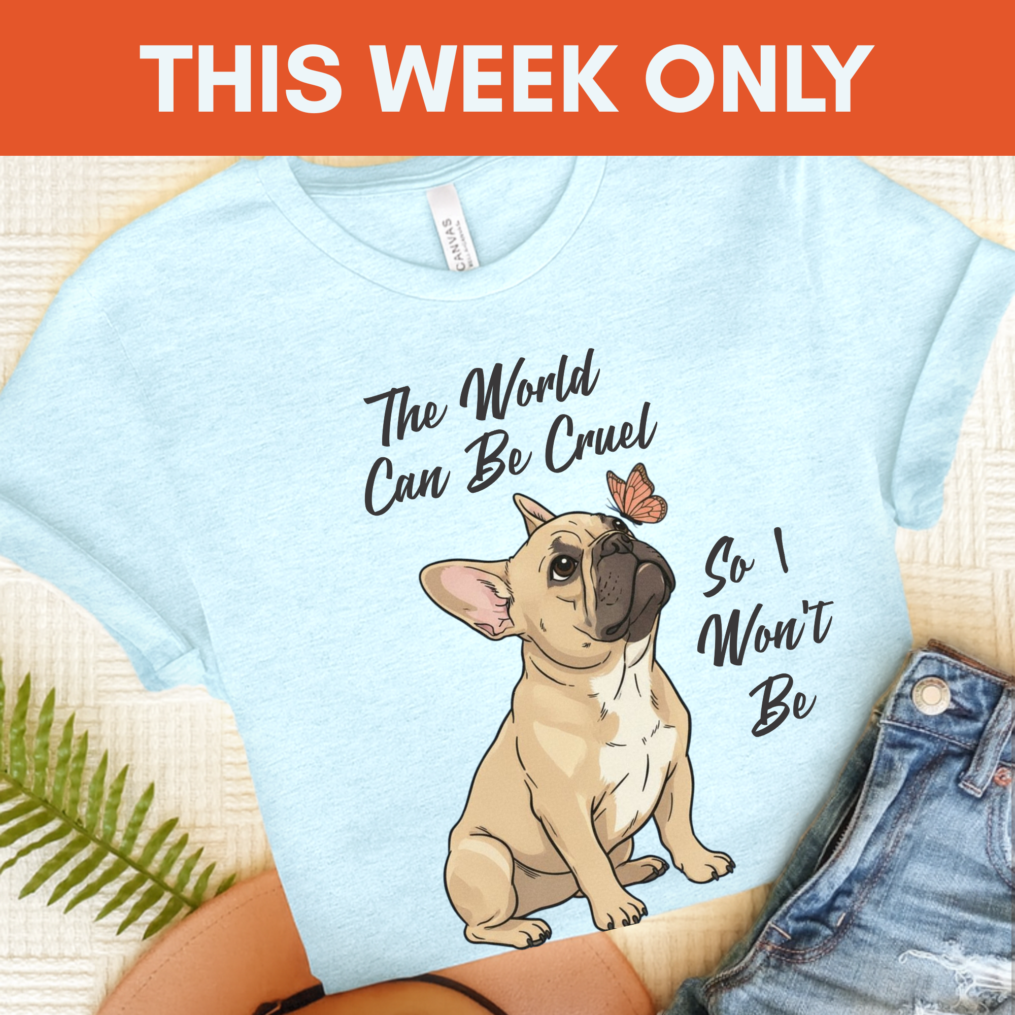 Cruel World Fawn Frenchie Tshirt Heather Ice Blue