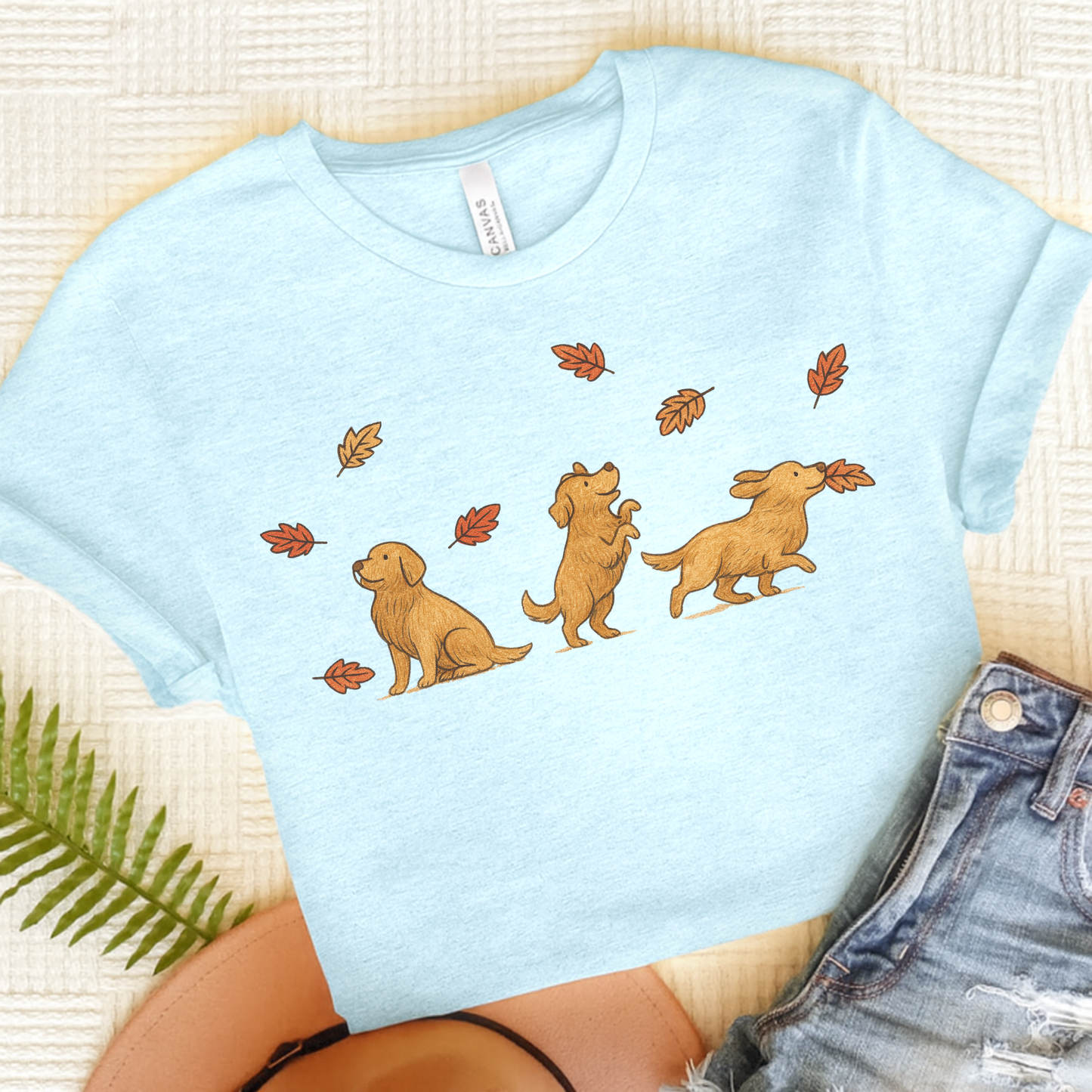 Golden Retriever Chasing Leaves TShirt Heather Ice Blue