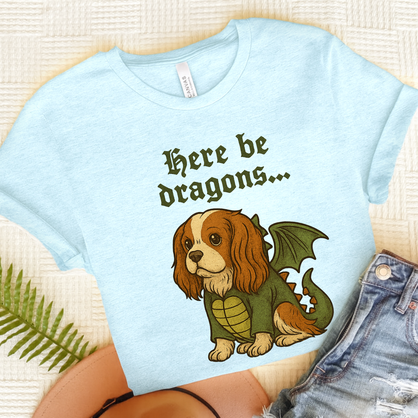 Blenheim Cavalier Here Be Dragons TShirt Heather Ice Blue