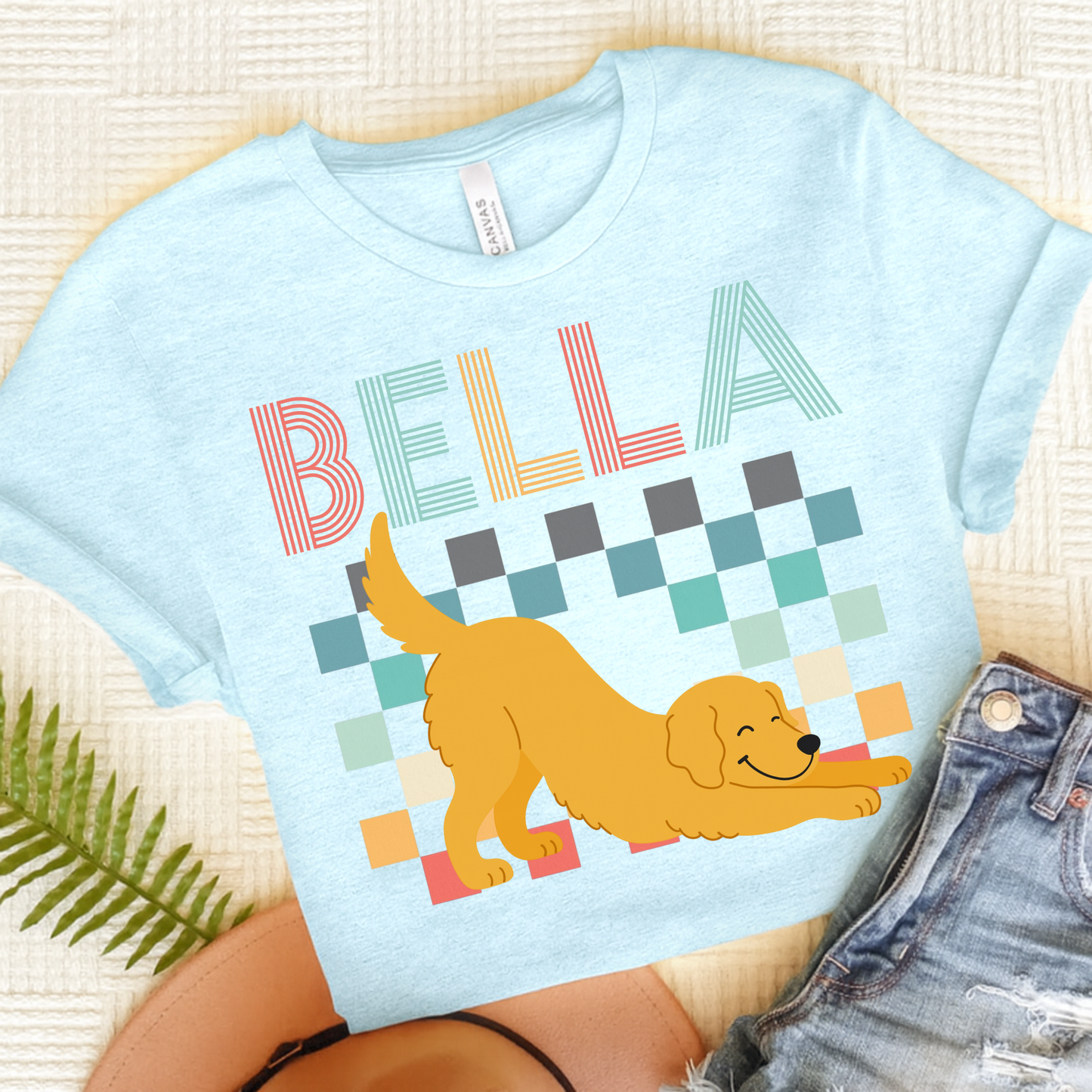 Golden Retriever Checkered TShirt Heather Ice Blue