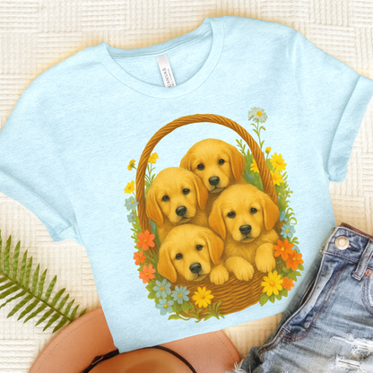 Puppy Basket Golden Retriever Tshirt Heather Ice Blue