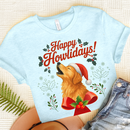 Golden Retriever Happy Howlidays TShirt Heather Ice Blue