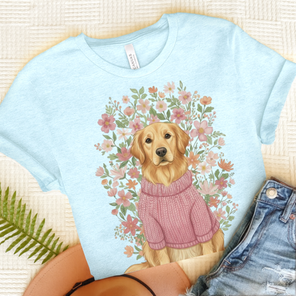 Golden Retriever Bouquet Tshirt Heather Ice Blue