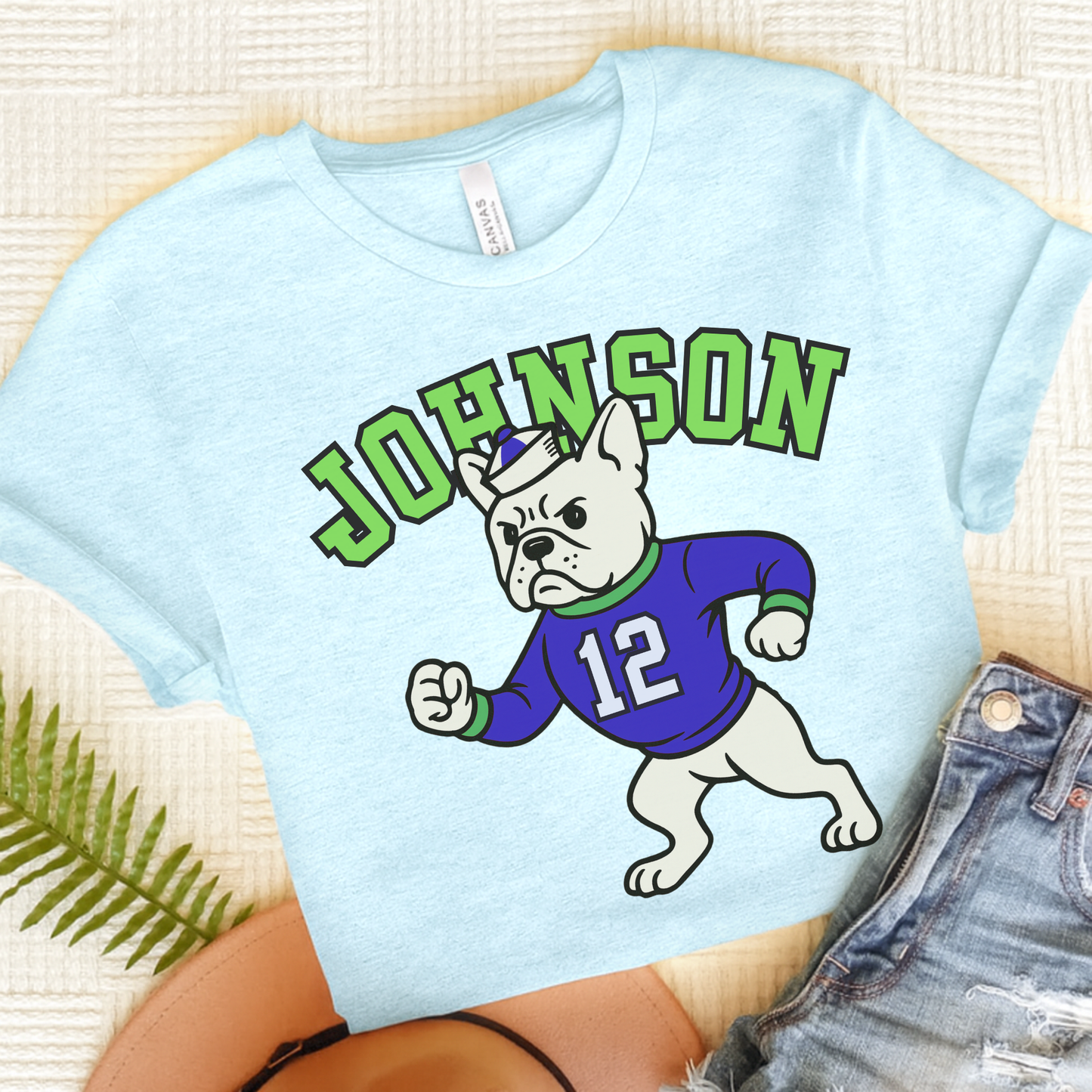 White Frenchie College Mascot TShirt Heather Ice Blue