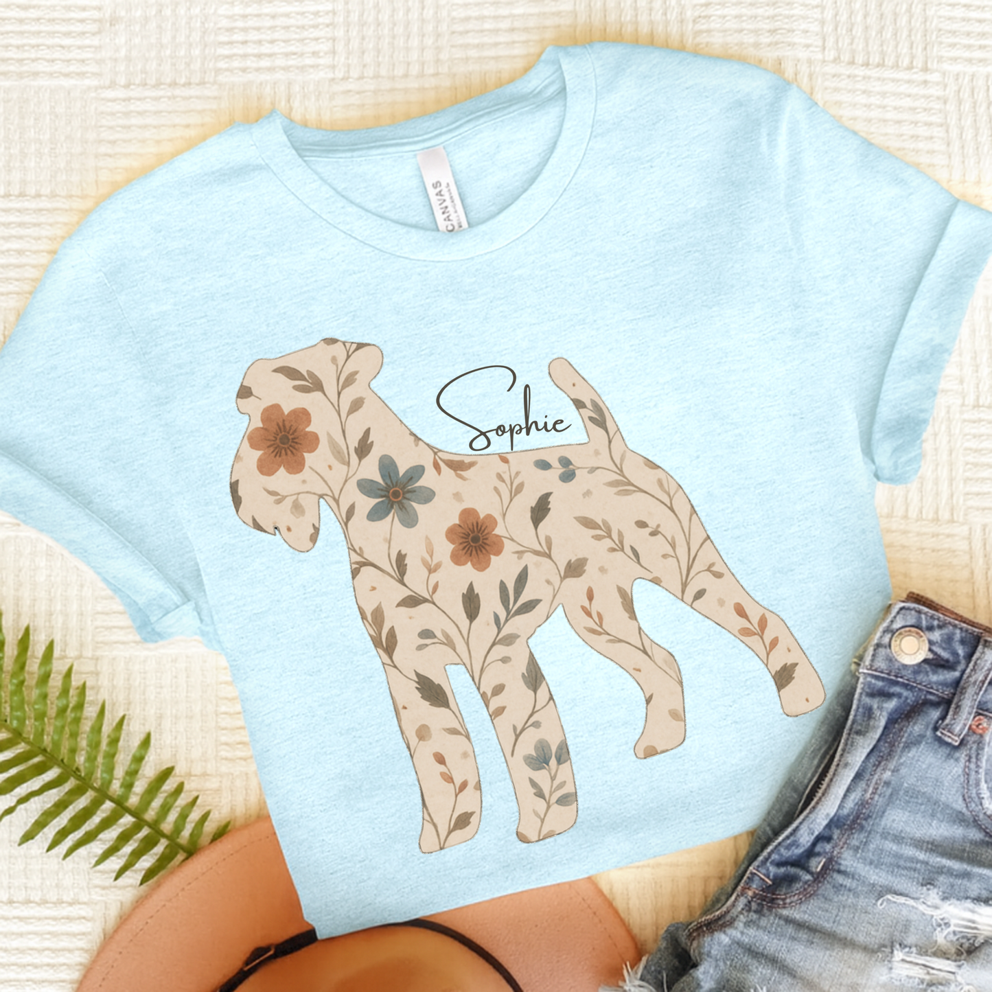 Airedale Terrier Floral Silhouette TShirt Heather Ice Blue