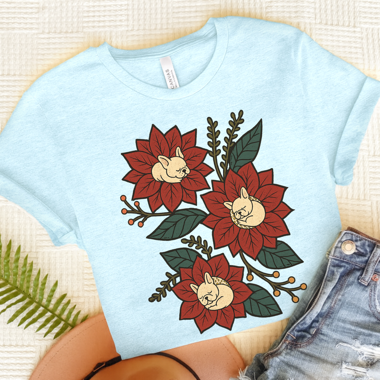 White Frenchie Holiday Flowers Sleeping TShirt Heather Ice Blue