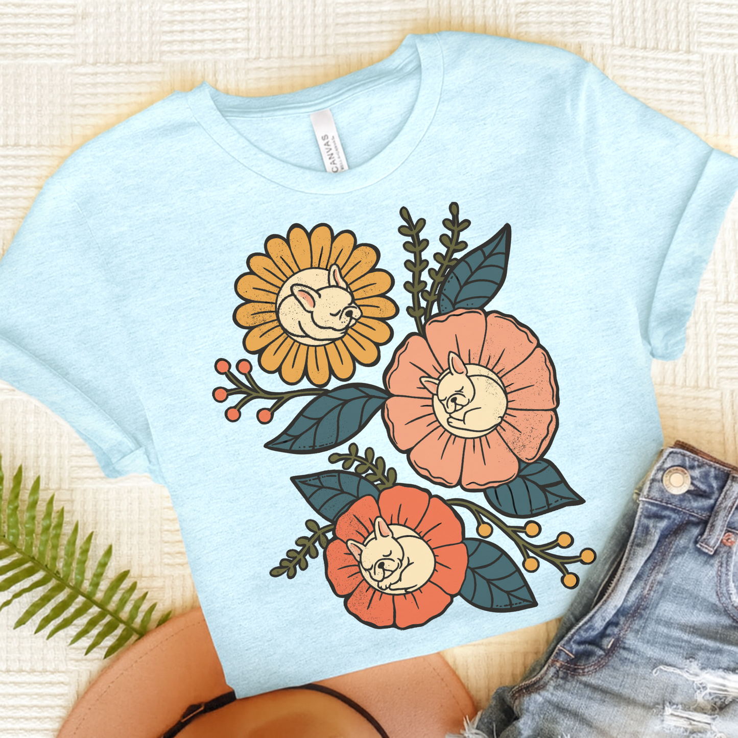 White Frenchie Sleeping Flowers TShirt Heather Ice Blue
