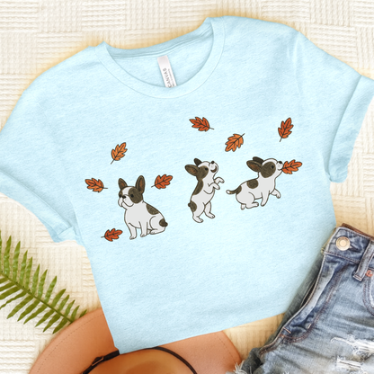 Piebald Frenchie Chasing Leaves TShirt Heather Ice Blue