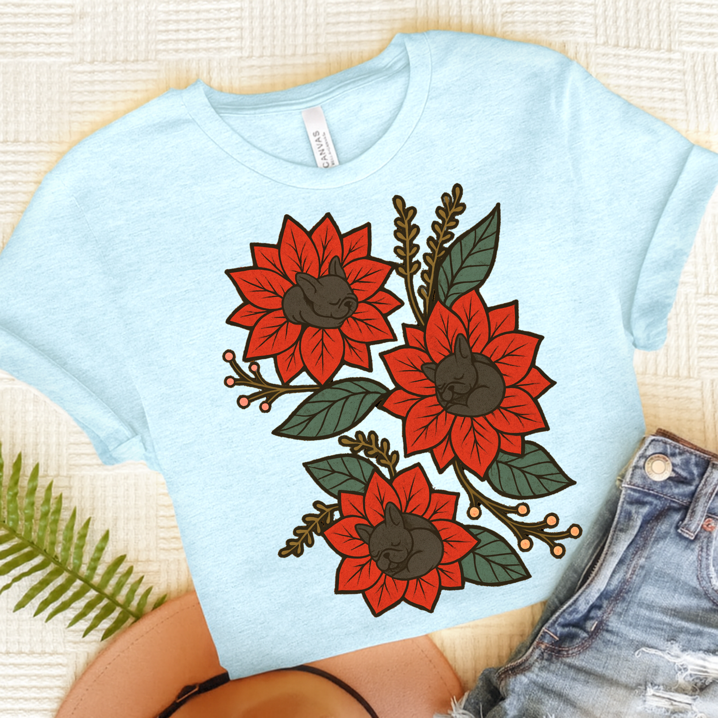 Black Frenchie Holiday Flowers Sleeping TShirt Heather Ice Blue