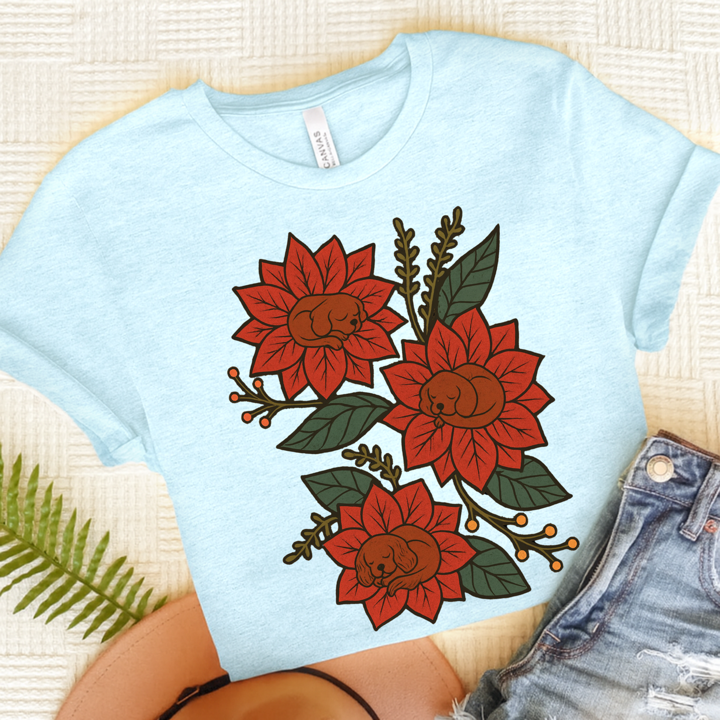 Ruby Cavalier Holiday Flowers Sleeping TShirt Heather Ice Blue